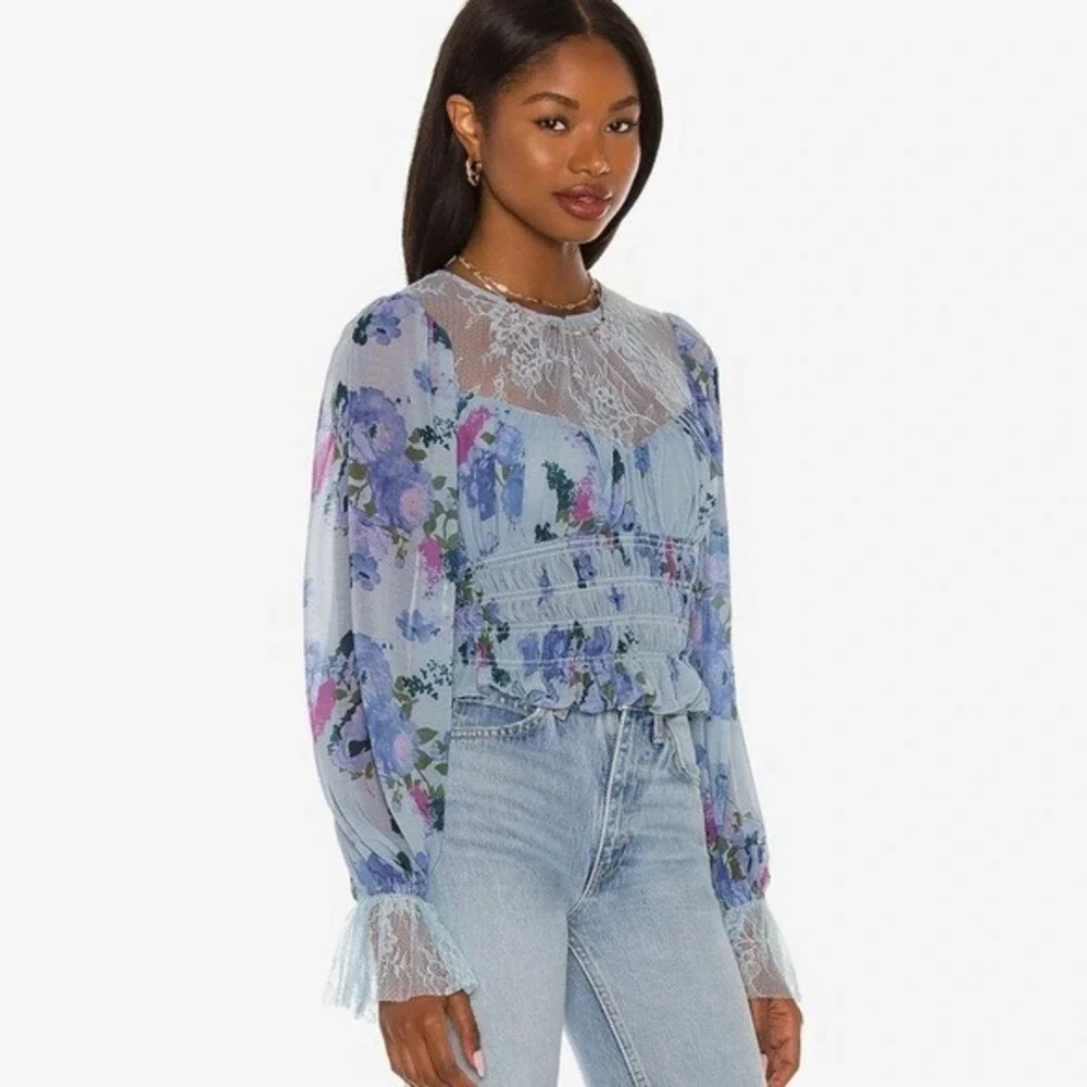 Free People Daphne Blouse Size S Blue Floral Lace Boho Cottage Girlcore Romantic